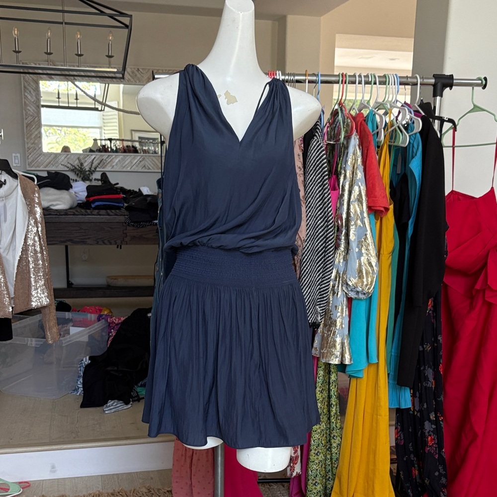 Ramy Brook Navy Blue V-Neck Sleeveless Smocked Waist Dress